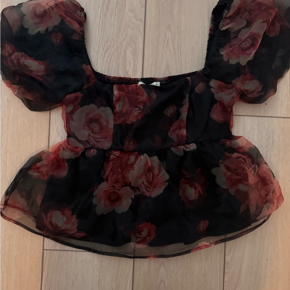 Floral Black & Red Peplum Top